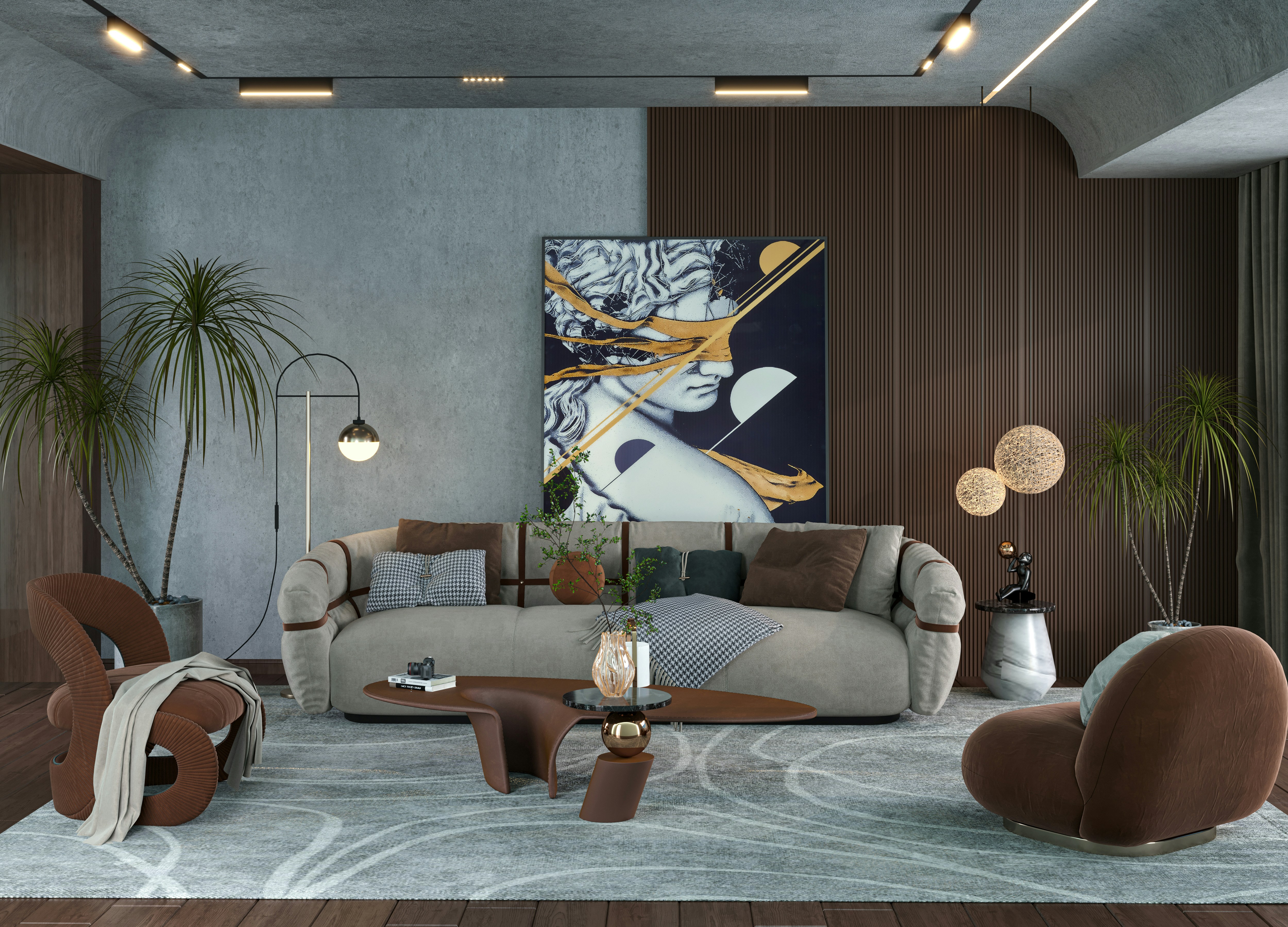 Contemporary living room with warm architectural lighting