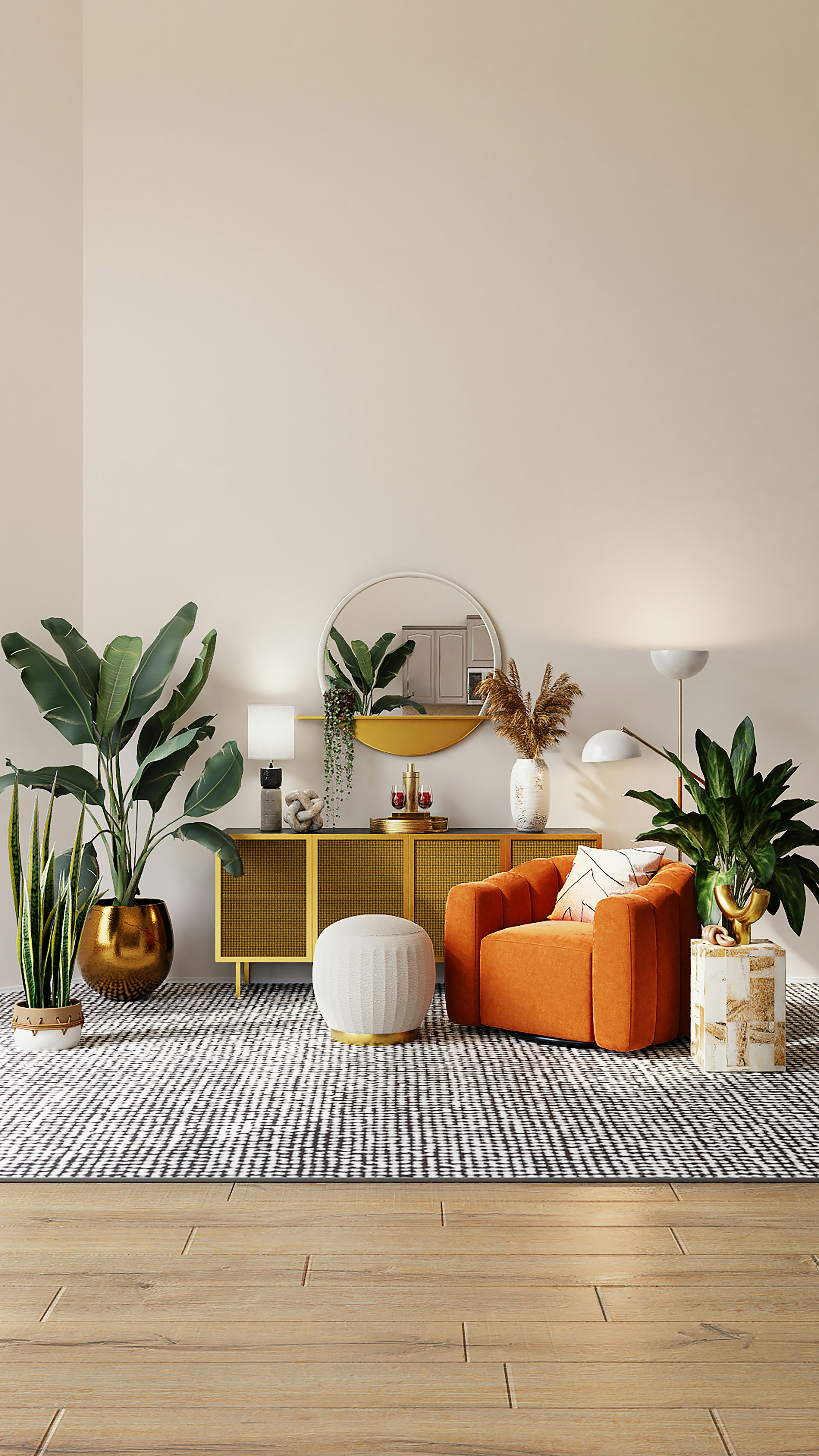 Modern living room with smart lighting and connected home features